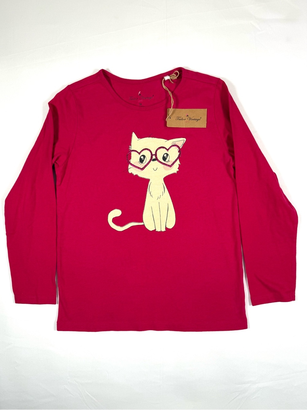 NWT TAILOR VINTAGE Girls Cat Long Sleeve Tee 10 Whimsical Heart Cottagecore NEW